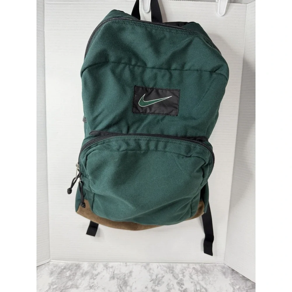 Vintage 90s NIKE Green/Brown LEATHER Base BACKPACK Athletic Outdoor Hike Gym Bag
